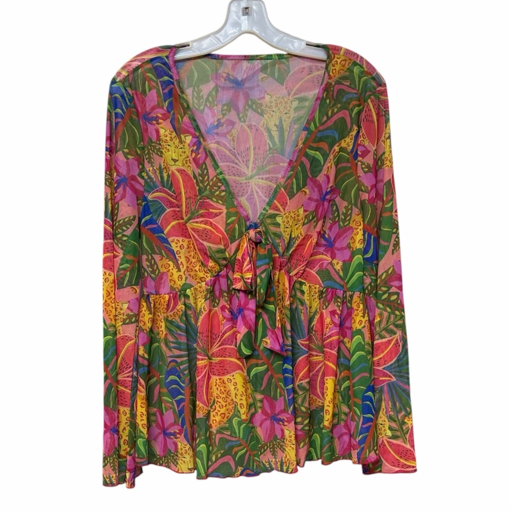 vibrant long-sleeve top tropical floral animal print V-neckline multicolor XL
